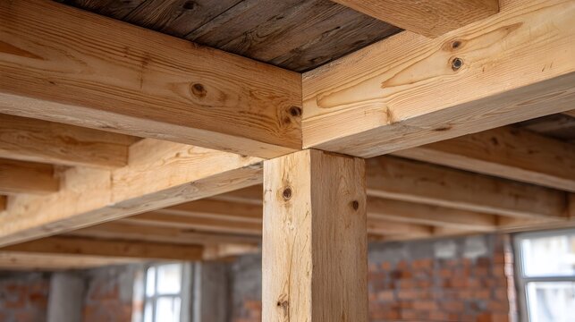 Detailed view of robust wooden beams and structural elements forming the interior framework of a building during its construction phase