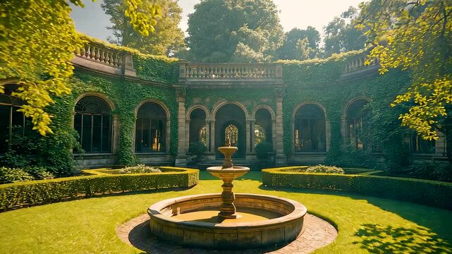 Historic cloister garden with central stone fountain surrounded by arches, manicured lawn, sunlight, and peaceful monastery courtyard setting
