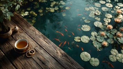 Fototapeta premium Serene wooden deck overlooks a calm pond with lily pads and koi fish, featuring a simple wooden table with a white tea cup and gold rings on top.