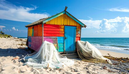 Colorful Fisherman Hut on Beach with White Nets Drying