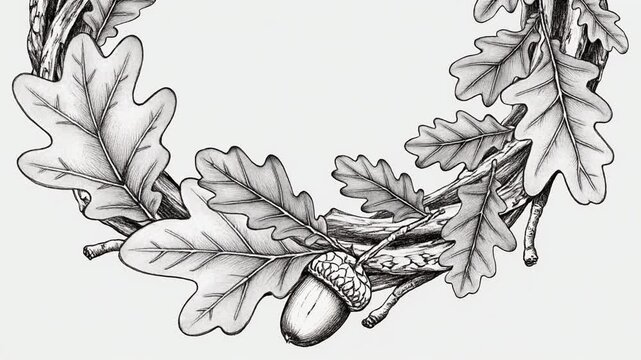 Elegant Hand-Drawn Oak Leaf and Acorn Wreath in Detailed Pen and Ink Style Artwork