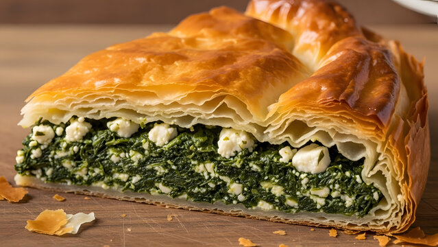 Flaky golden-brown phyllo dough encases a savory filling of fresh spinach and crumbled feta cheese, a delicious slice of Greek spanakopita pie.