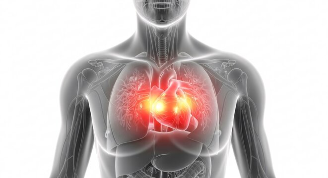 3D render of human body showing internal organs and highlighted painful heart with bright glow, medical illustration