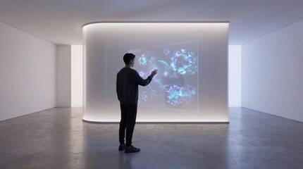 Obraz premium A man interacting with a futuristic holographic display in a minimalist white room with a polished concrete floor