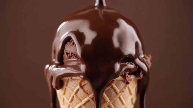 Chocolate Ice Cream Cone with Melting Chocolate Sauce.