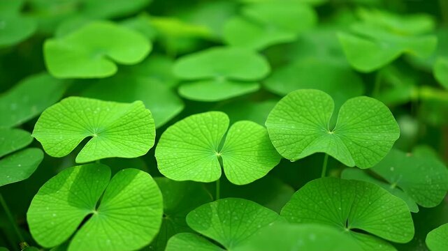 Close-Up Of Vibrant Green Four-Leaf Clover Plants Fresh Clover Leaves Forming Lush Groundcover In Bright Sunlight