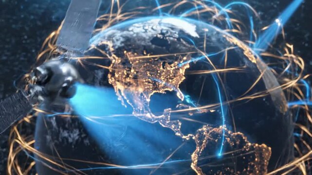 4K animation rotating Earth in space, surround by a complex web of fiber optic lines for borderless digital world, satellite communication, and high-speed telecommunications.