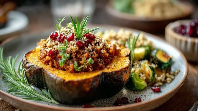 Stuffed roasted acorn squash with quinoa and vegetables on rustic plate. Savory vegetarian loaf or stuffed acorn squash on a festive autumn plate, concept of healthy plant-based meal