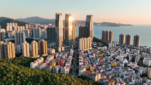 Cityscape with highrise buildings and sea