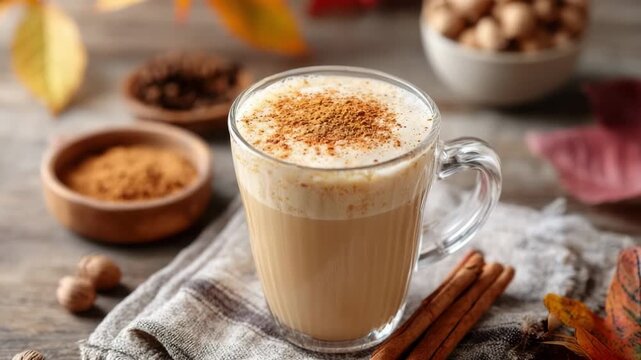 Creamy pumpkin spice latte with whipped cream and cinnamon on wooden board. Pumpkin chai tea latte in a clear glass mug with cinnamon stick and nutmeg dusting, concept of autumn warm drinks