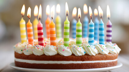 Obraz premium Bright birthday cake with colorful candles and festive decoration