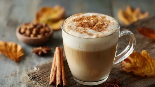 Creamy pumpkin spice latte with whipped cream and cinnamon on wooden board. Pumpkin chai tea latte in a clear glass mug with cinnamon stick and nutmeg dusting, concept of autumn warm drinks