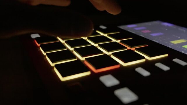 Close up of a musician's hand playing a beat on a midi controller in a dimly lit room. Concept of electronic music production, creativity, and digital audio workstation workflow.