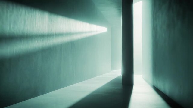 Bright light rays piercing into a dark, empty abstract corridor, creating contrasting shadows and highlighting structural elements, symbolizing hope, future, or a path forward