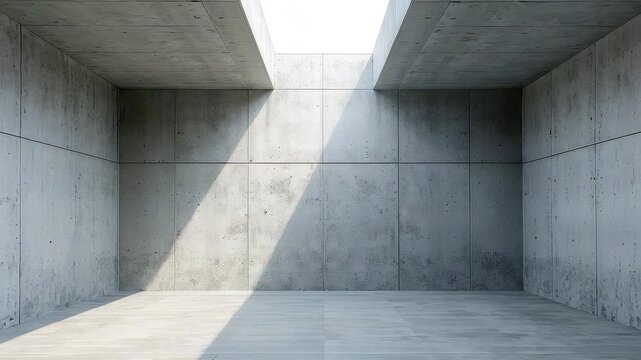 Minimal concrete interior room with dramatic skylight beam casting sharp shadows across empty architectural space and geometric perspective