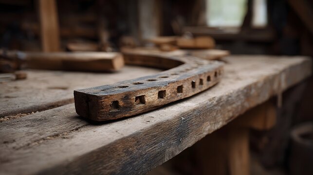 A curved weathered wooden jig with precisely carved square holes sits on a rustic workbench in a dimly lit craftsman s workshop