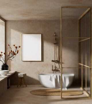 Modern bathroom interior with mock up poster frame, freestanding bathtub, natural stone wall textures, spa inspired design, warm beige tones and minimalist luxury style. 3D illustration.