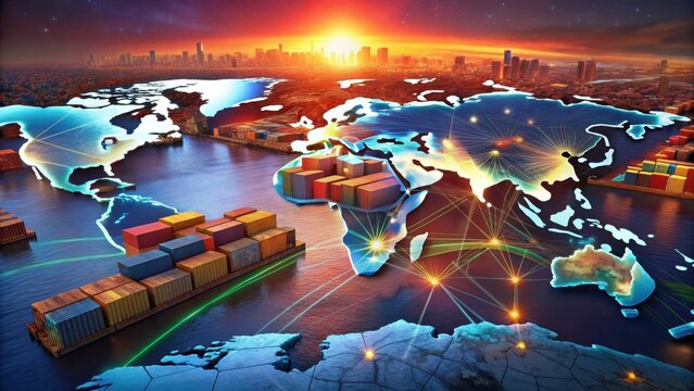Global Trade Connects the World through Enduring Shipping Containers at Thriving Port Hubs on Ancient International Routes Illustrated on a Vibrant W