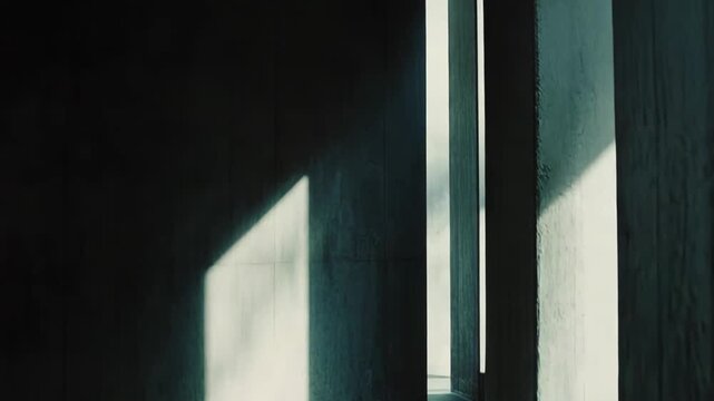 Concrete corridor featuring strong light creating sharp shadows and contrasting bright areas, evoking concepts of hope, mystery, and an unknown future path