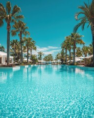 Luxury resort swimming pool with palm trees in bright summer sunlight with copy space in sky area, Vacation lifestyle mobile ad background