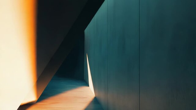 Sunlit minimalist interior with bold geometric shadows and a clear pathway, contrasting light and dark planes to emphasize depth, structure, and modern architectural simplicity