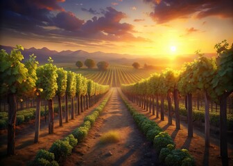 Fototapeta premium A rustic vineyard at sunset, with rows of lush green grapes and golden light illuminating the landscape