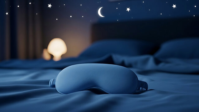 Sleep mask on a bed in a dark room with a moon and stars
