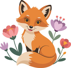 Fototapeta premium Cute Fox Sitting Among Flowers Vector Illustration for Children