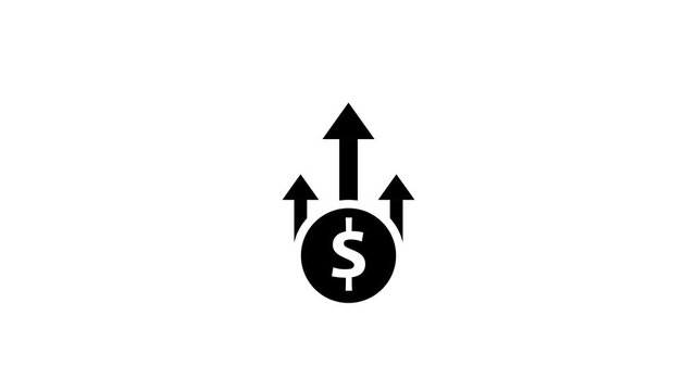 Money increases icon, dollar rate increase stretching arrow up icon. glowing concept currency symbol with up arrow moving animation 4k animation