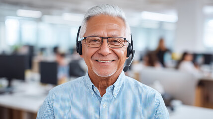 Fototapeta premium Man with grey hair wearing headset and eyeglasses, smiling. Professional customer service operator in a call center setting.