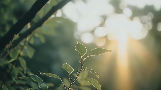 Fresh green leaves on a plant stem catching the warm morning sun rays, creating natural bokeh and a peaceful, vibrant, renewing atmosphere in a natural setting