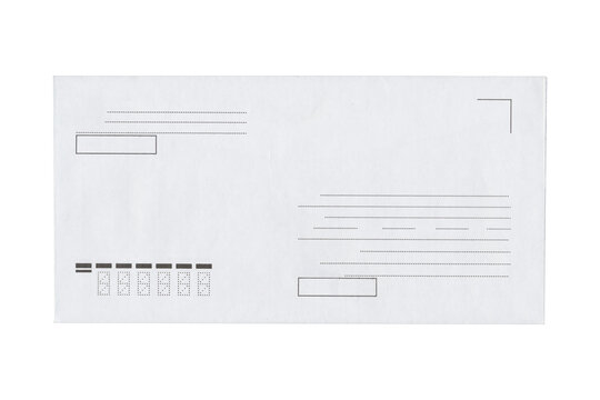 Closed white business mailing envelope with address window, barcode area and print marks, front view, clean paper texture, isolated on transparent background