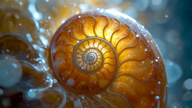 Golden ammonite fossil shell with detailed spiral texture, underwater light shimmer, and organic geometry creating striking natural macro scene