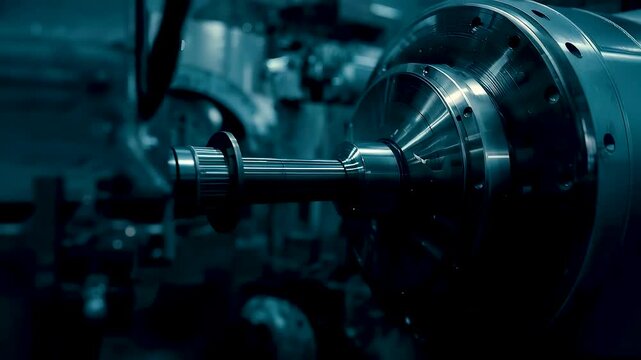 Precision metal machining spindle rotating inside industrial factory with advanced manufacturing equipment, steel components, and engineered motion
