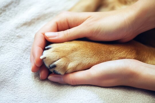Human hand gently holding a dog's paw, symbolizing companionship and trust, with a soft focus background that enhances the emotional connection between pet and owner