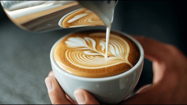 A professional barista pouring steamed milk into a coffee cup creating a latte art heart pattern.