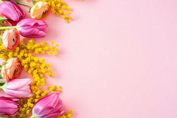 Spring Flowers on Blush Background with Right Copy Space