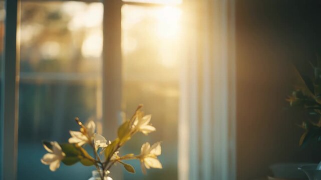 White spring blossoms in a clear glass vase on a kitchen table, bathed in warm morning sunlight through the window, creating a cozy, serene indoor still life ambiance