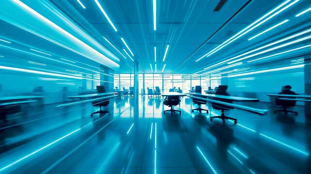 Bright blue modern office interior with motion blur, illuminated ceiling, collaborative workspace energy, speed, and corporate productivity