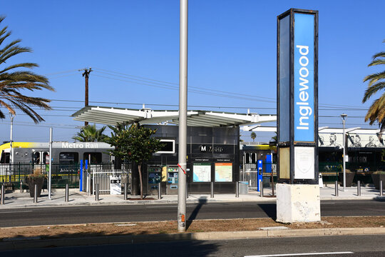 Inglewood, California &ndash; November 8, 2025: Inglewood city sign with Inglewood Downtown Metro Station in the background