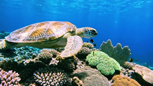 The graceful glide of a sea turtle over a vibrant coral reef.