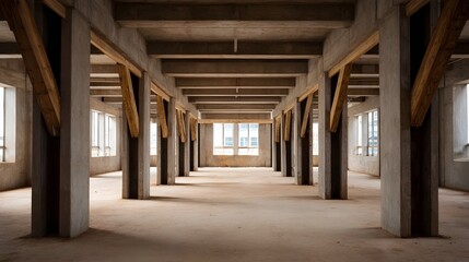 Naklejka premium Unfinished building interior with robust concrete pillars and wooden support beams