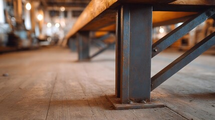 Naklejka premium Close up of rusty metal support beams holding up a wooden structure in an industrial workshop