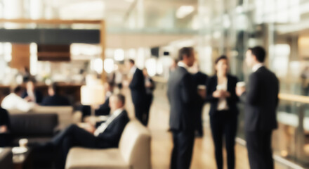 Fototapeta premium Blurred image of a group of business people standing and talking in a spacious modern hall