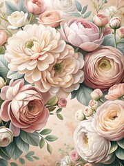 A lush floral border, adorned with delicate pink and white ranunculus flowers, adds a touch of elegance to any room