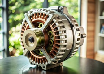 Highperformance car alternator on a sleek white background with blurred surroundings