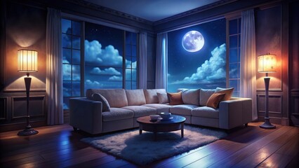 Fototapeta premium A warm and inviting room bathed in soft moonlight, with a plush sectional sofa as its centerpiece