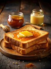 Indulge in the richness of this crispy thick toast, topped with a velvety layer of melted butter and a sweet honey glaze that adds a touch of warmth a