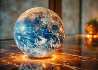 A serene, otherworldly sphere of gentle blue luminescence fills the sky with an ethereal glow