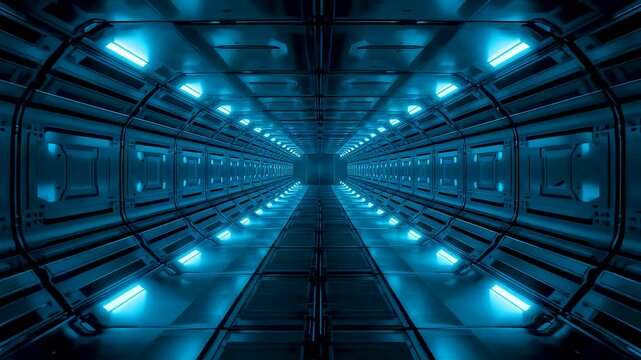 Endless blue illuminated technology corridor with symmetrical panels and deep perspective inside advanced computing infrastructure